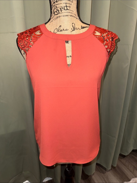 Express Tops - Express Coral Lace-Shoulder Keyhole Sleeveless Top